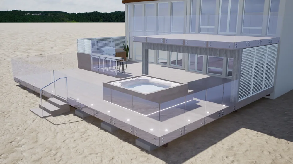 3D design view of a deck with glass railing, built-in hot tub, outdoor kitchen, privacy louvres and step lights