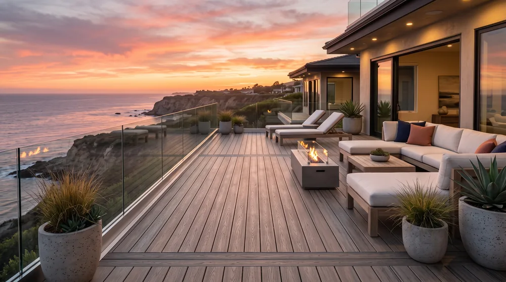 Grey composite deck with glass railing, fire table and lounge furniture on a clifftop at sunset over the ocean
