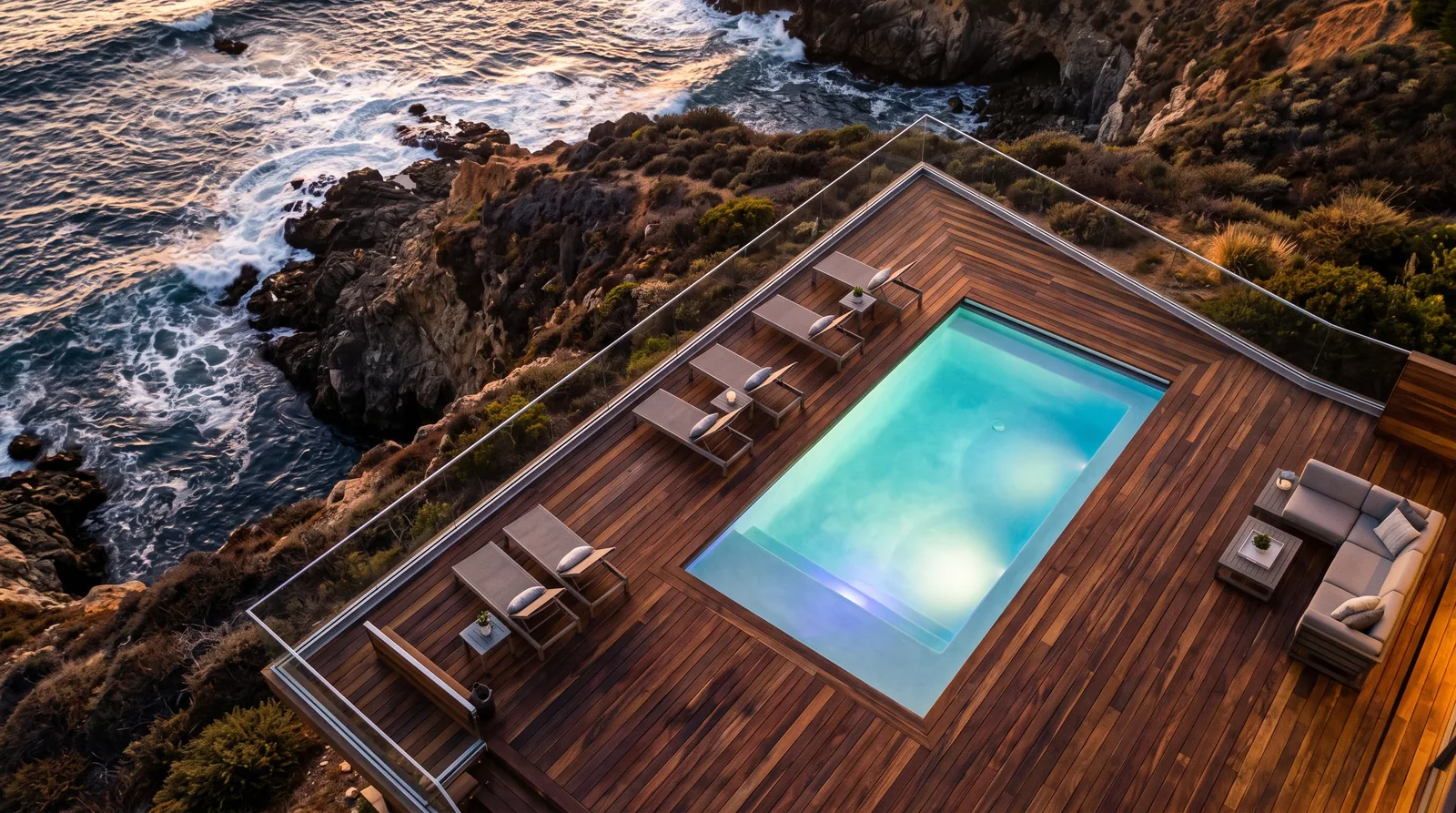 Clifftop hardwood deck with glass railing and illuminated pool overlooking the California coast at sunset - deck and fence company in California - MH Builders