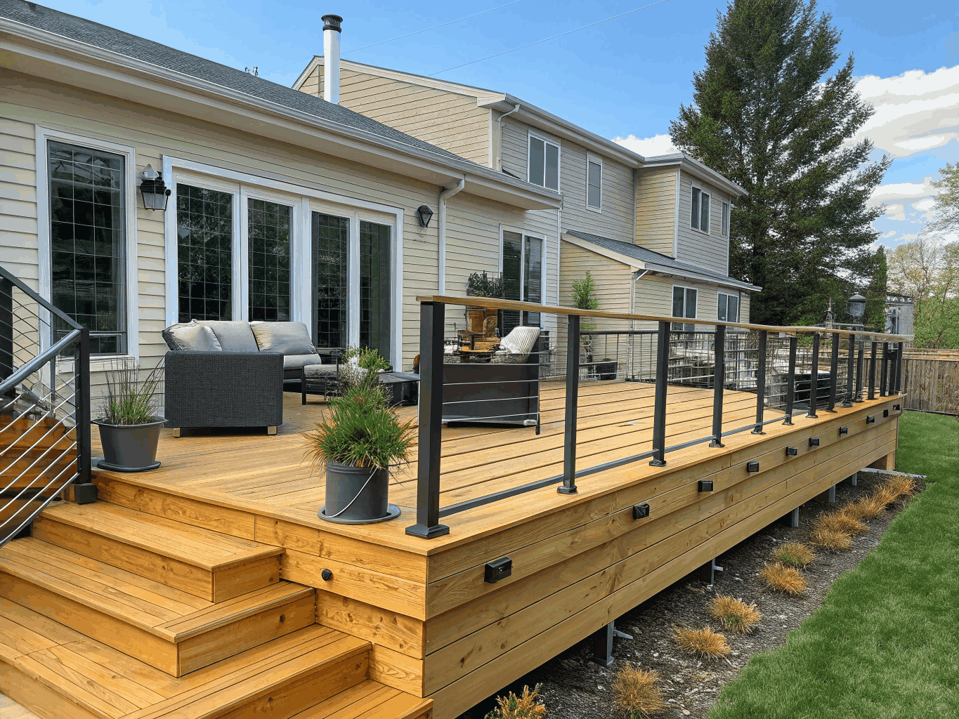 Custom redwood deck and matching privacy fencing in Northern California
