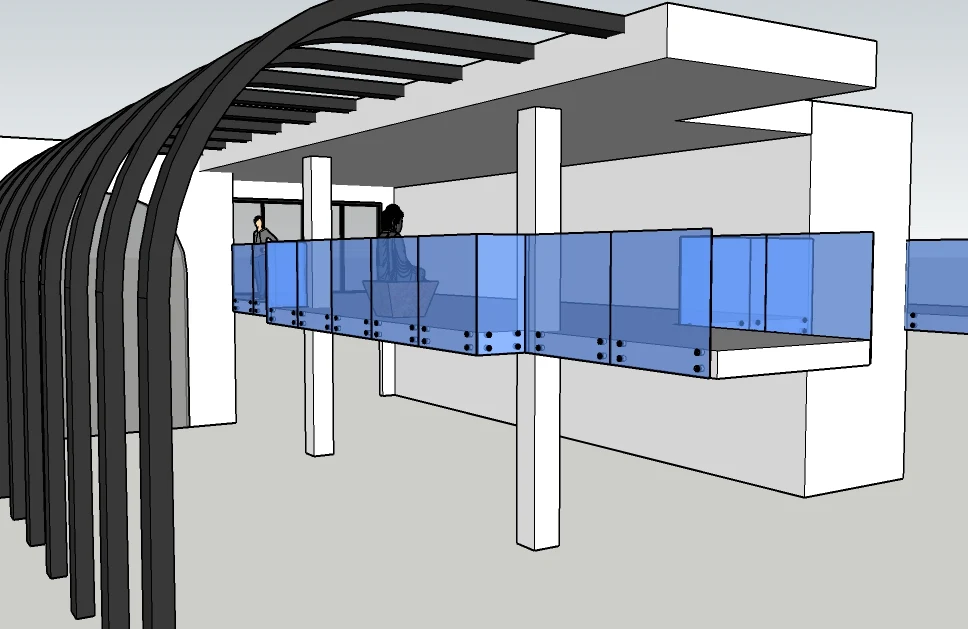 3D rendering of concrete slab and columns with glass railing for a custom deck - deck company in Northern California - MH Builders