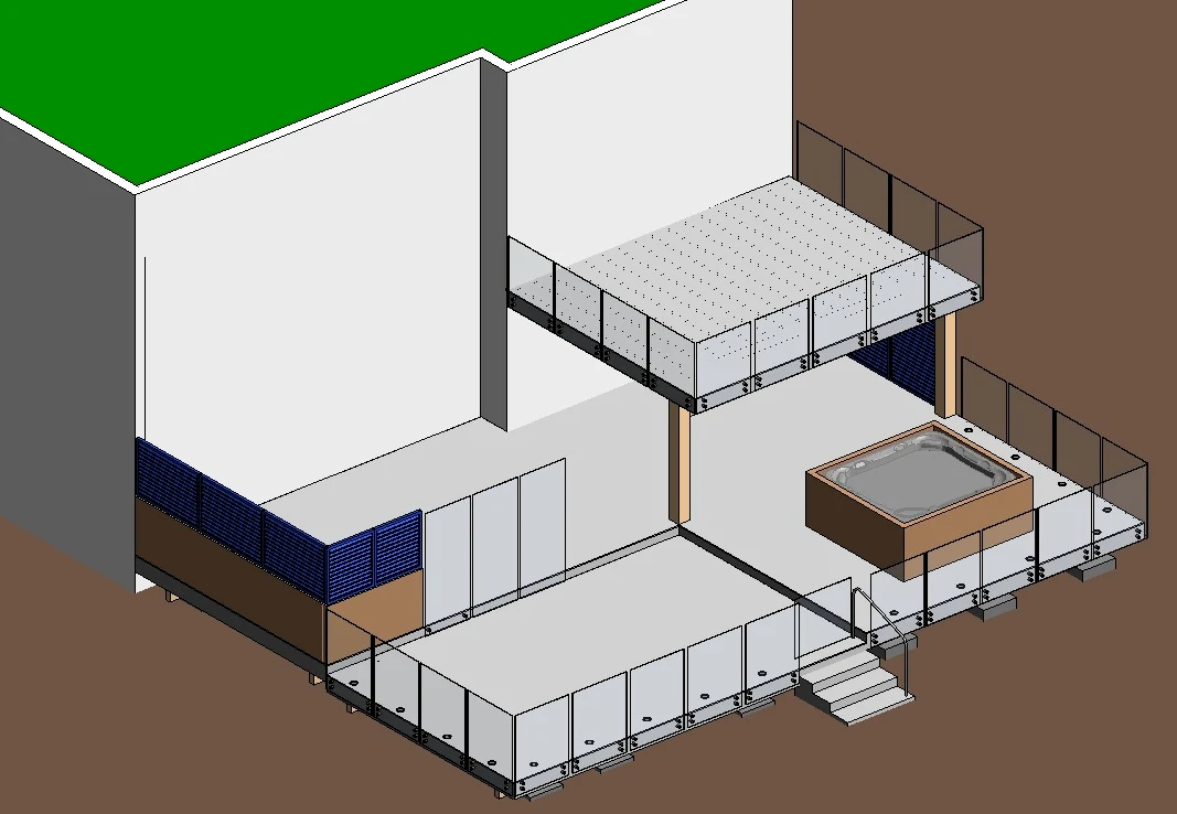 3D rendering of a multi-level deck with built-in hot tub and glass railing - deck contractor design by MH Builders