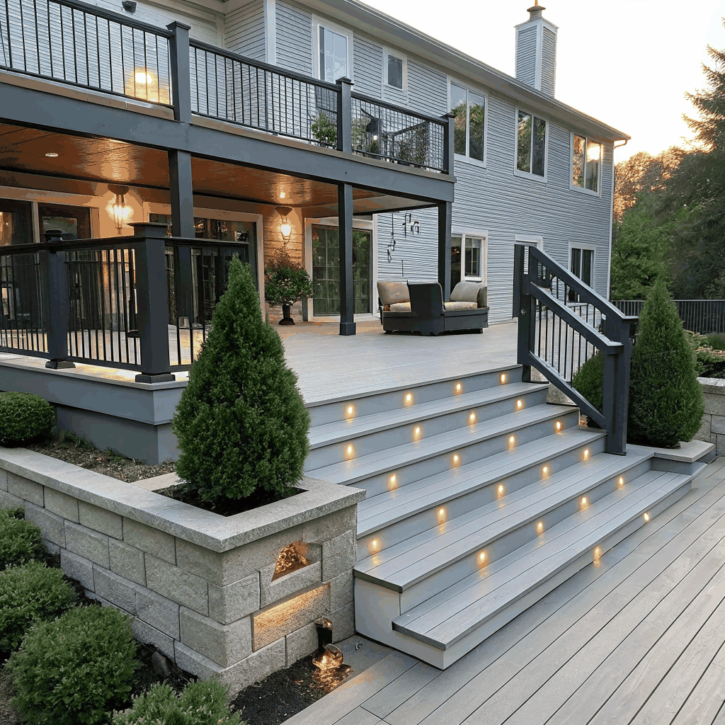 Multi-level architectural outdoor deck construction