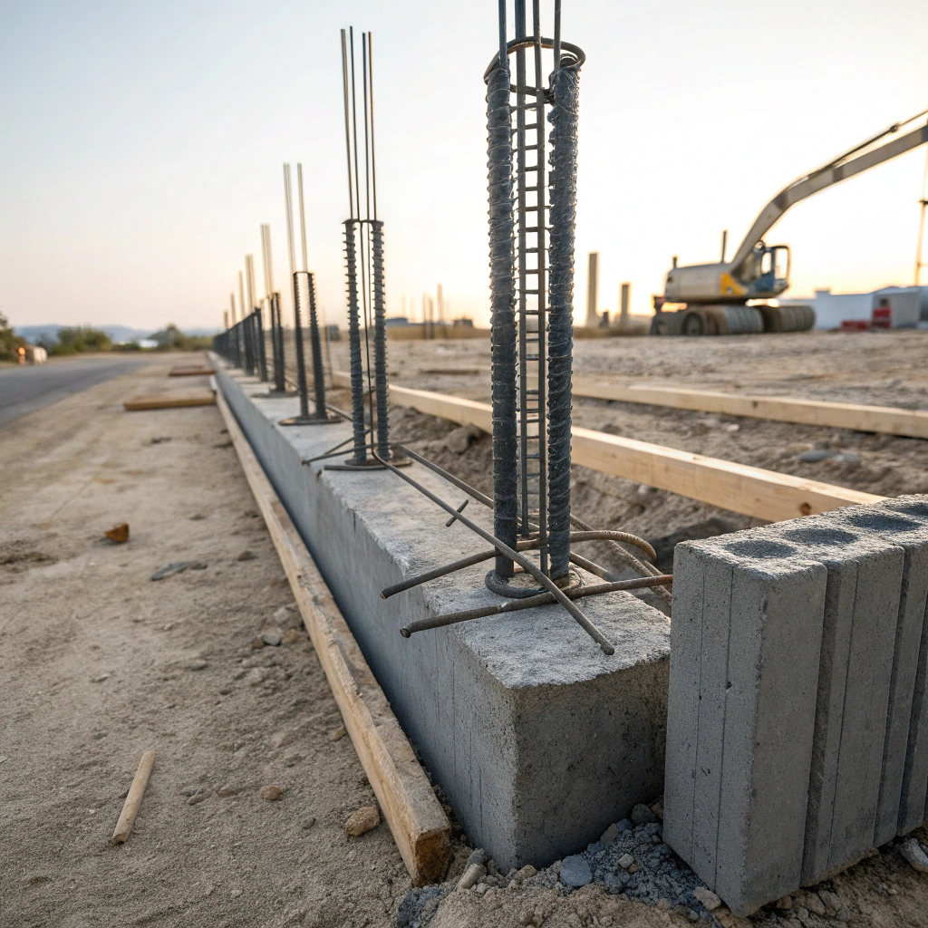 General contracting jobsite showing structural deck footings and reinforcement