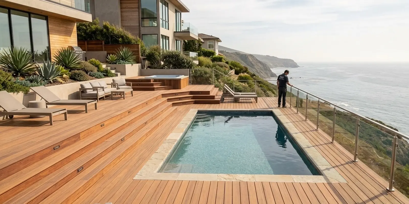 Tiered hardwood deck with pool, hot tub and glass railing overlooking the California coast, MH Builders crew member checking the railing