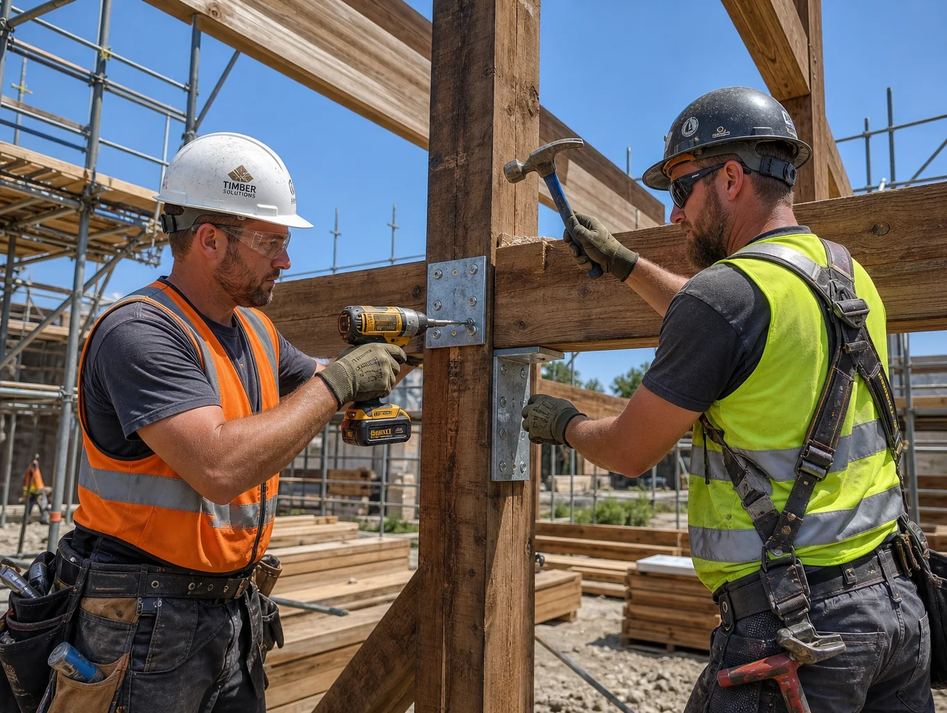MH Builders professional crew working on architectural timber deck framing on a California job site