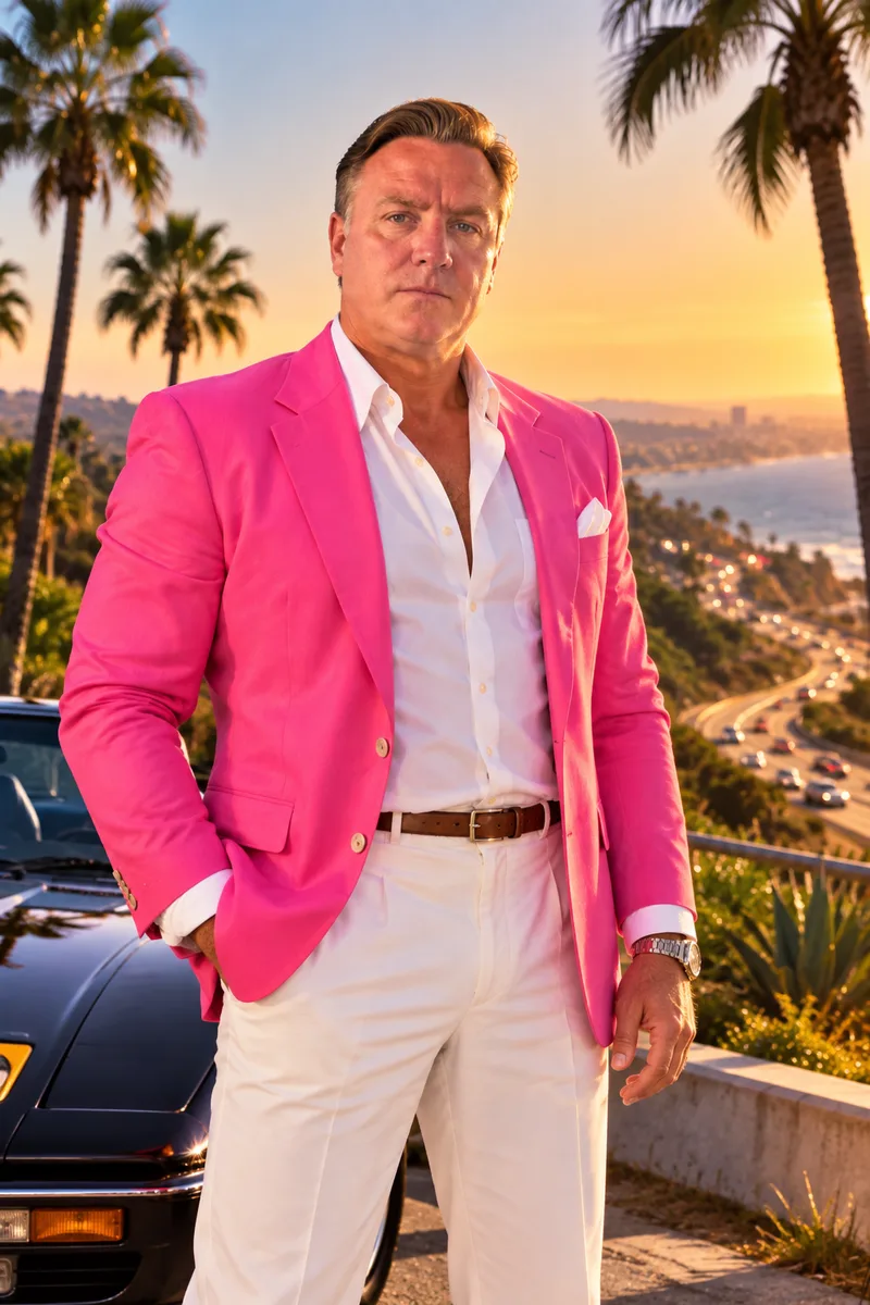 Glen Gruner, sales consultant at MH Builders, standing in front of a classic car on the California coast at sunset