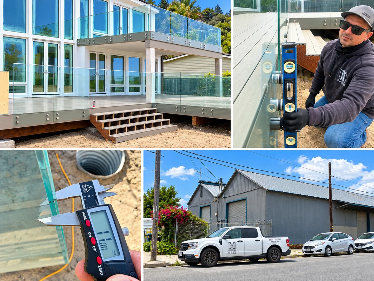 MH Builders deck railing contractor crew installing glass railing and composite decking in the California Bay Area