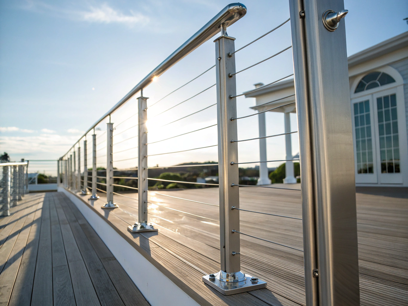Modern architectural deck railing installation meeting California guardrail code