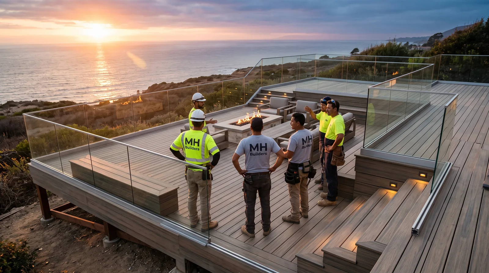 MH Builders crew in high-visibility shirts meeting on a composite deck with glass railing and fire table at sunset over the California coast