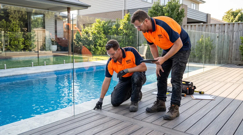 Two MH Builders crew members inspecting a grey composite pool deck beside a frameless glass pool fence